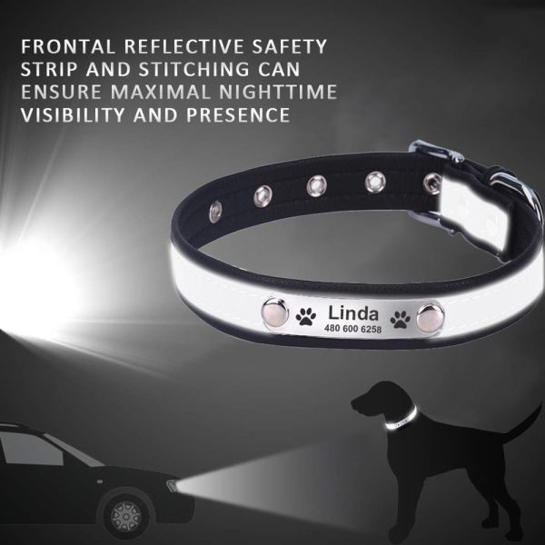 Collar de perro personalizado, Collar de gato reflectante de cuero, etiqueta de identificación grabada personalizada para cachorros, perros grandes, accesorios para mascotas 2