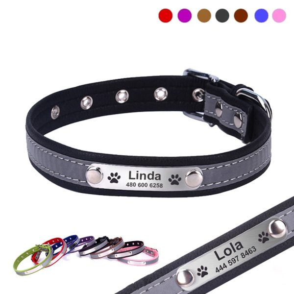 Collar de perro personalizado, Collar de gato reflectante de cuero, etiqueta de identificación grabada personalizada para cachorros, perros grandes, accesorios para mascotas 1